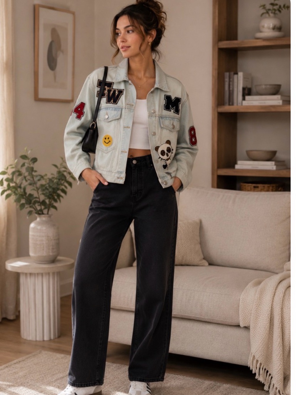Light Blue Embroidered Denim Jacket with Playful Patches